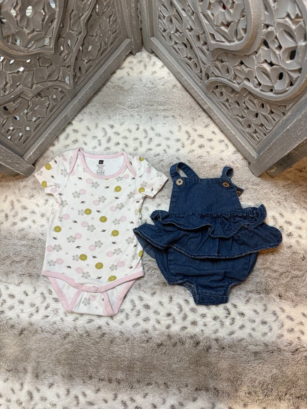 Tea Collection Mud Pie ruffle overalls baby girls 6 months pastel floral summer